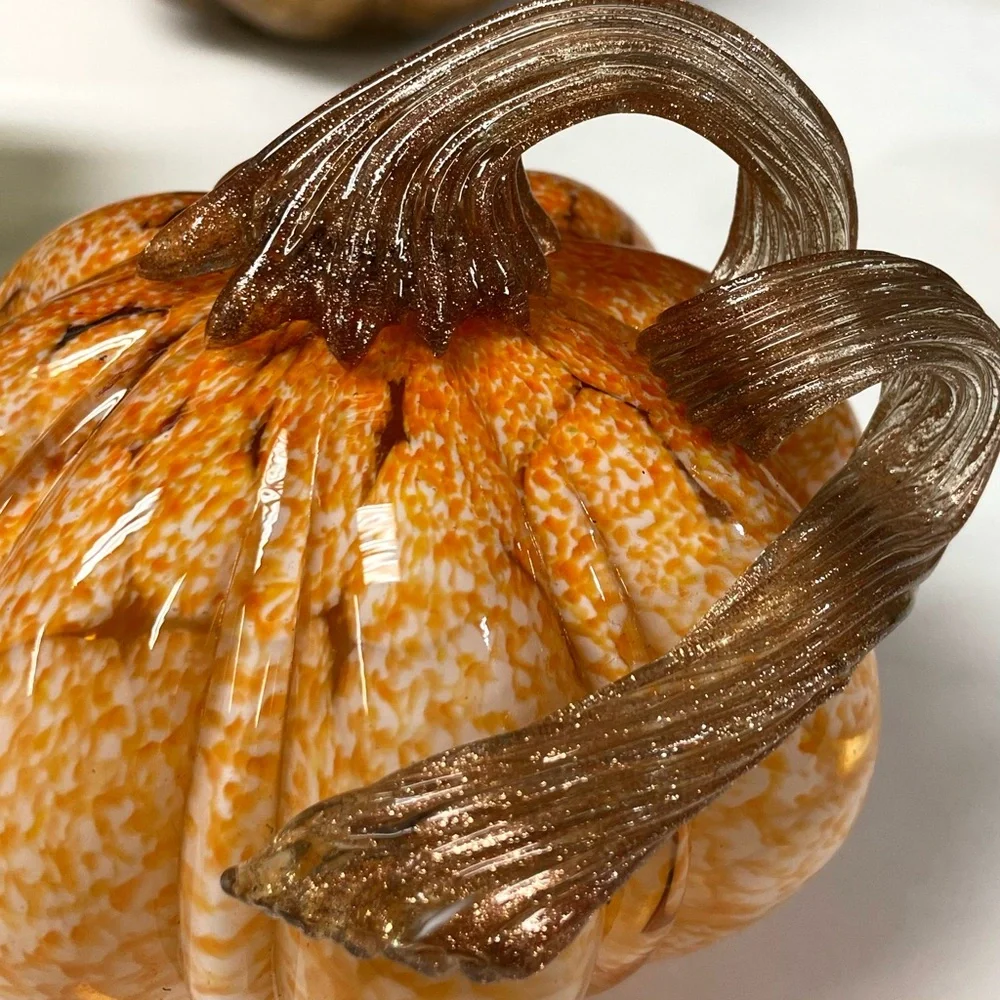 Pier 1 Hand Blown Orange Speckled Glass Pumpkin Glittering Gold Stem Fall Decor